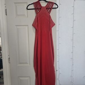 SHEIN Red Strappy Halter Prom Dress with Stud Accents